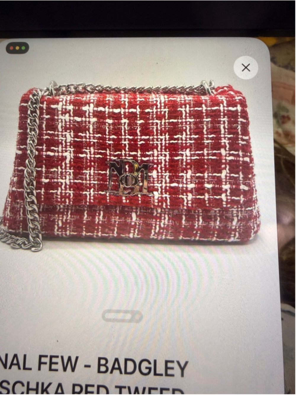 NWT Badgley Mischka Red and White Tweed Shoulder Bag with Silver Chain